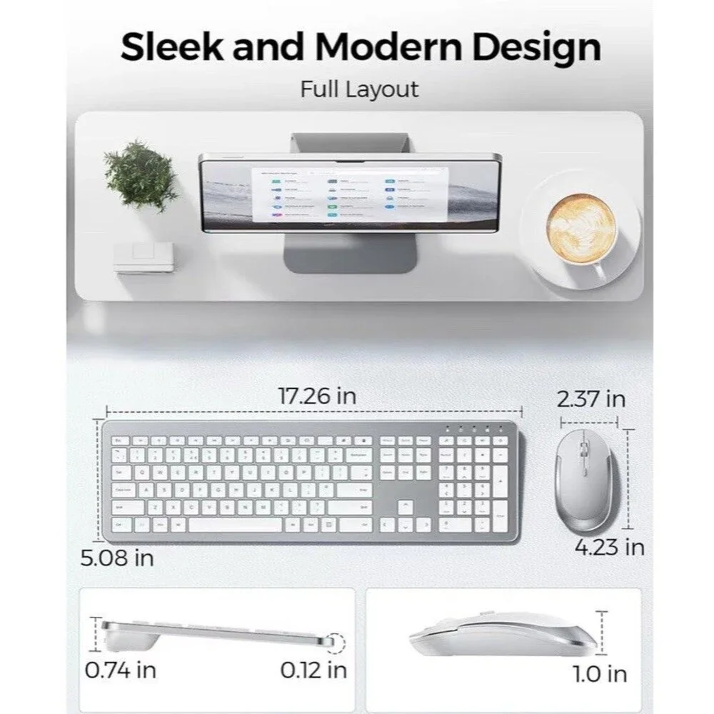 Combo Wireless Keyboard & Mouse, Slim Thin, Quiet, Full-Size Adjustable DPI 2.4G